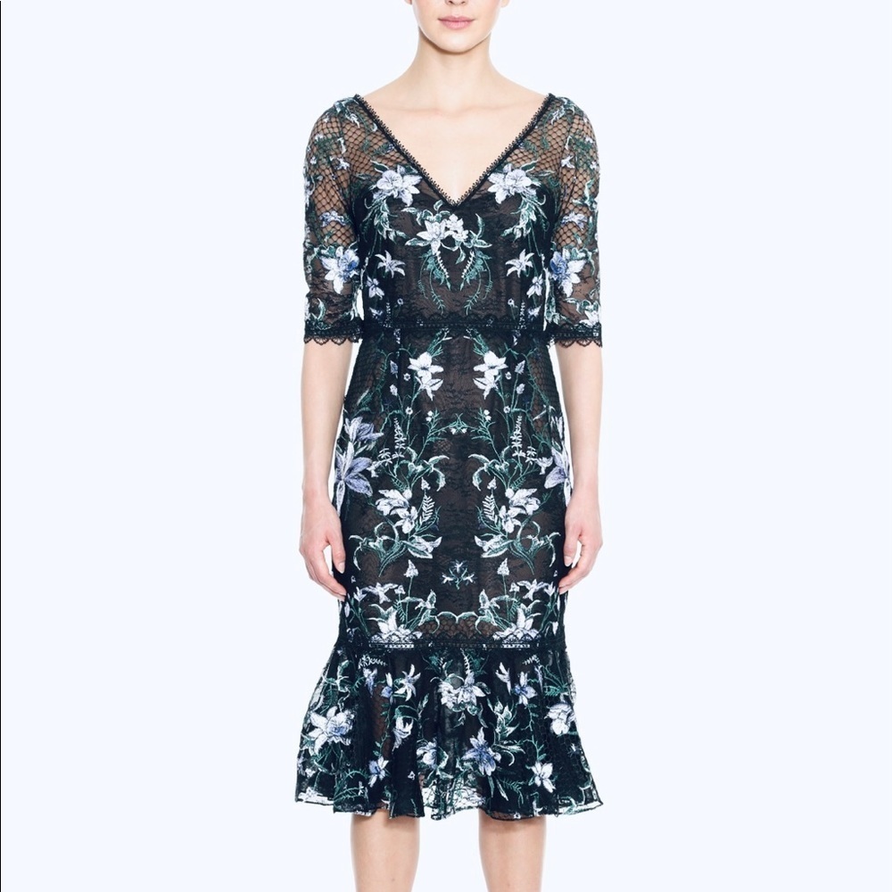 Marchesa Navy lace embroidery cocktail dress